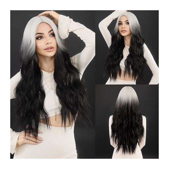 Ombre Black White Wavy Hair Wig for Women Cosplay Daily Party Synthetic Natural Middle Part Curly Wig Lolita Heat Resistant