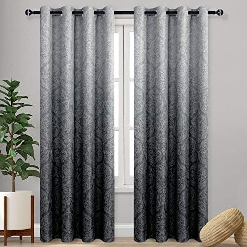 Ombre Blackout Curtains for Bedroom - Damask Patterned Thermal Insulated Energy Saving Grommet Curtains for Living Room, Set of 2 Gradient Window Curtain Panels, 52 x 84 Inches Long, Black