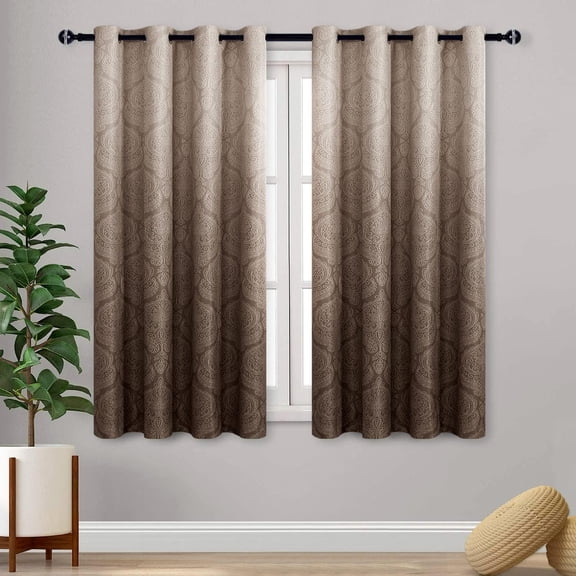 Ombre Blackout Curtains - Damask Thermal Insulated Light Blocking Grommet Curtains for Bedroom and Living Room, Set of 2 Gradient Medallion Curtain Panels, 52 x 54 Inch Length, Brown