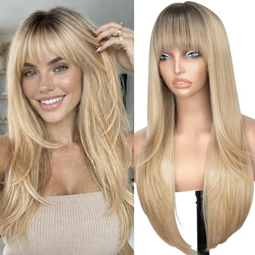 Ombre Blonde 26-inch Long Wig with Bangs for Women - Straight Layered Style, Scalp, Freestyle Parting, -Looking & Heat-Resistant Synthetic Hair for Daily and Party Use