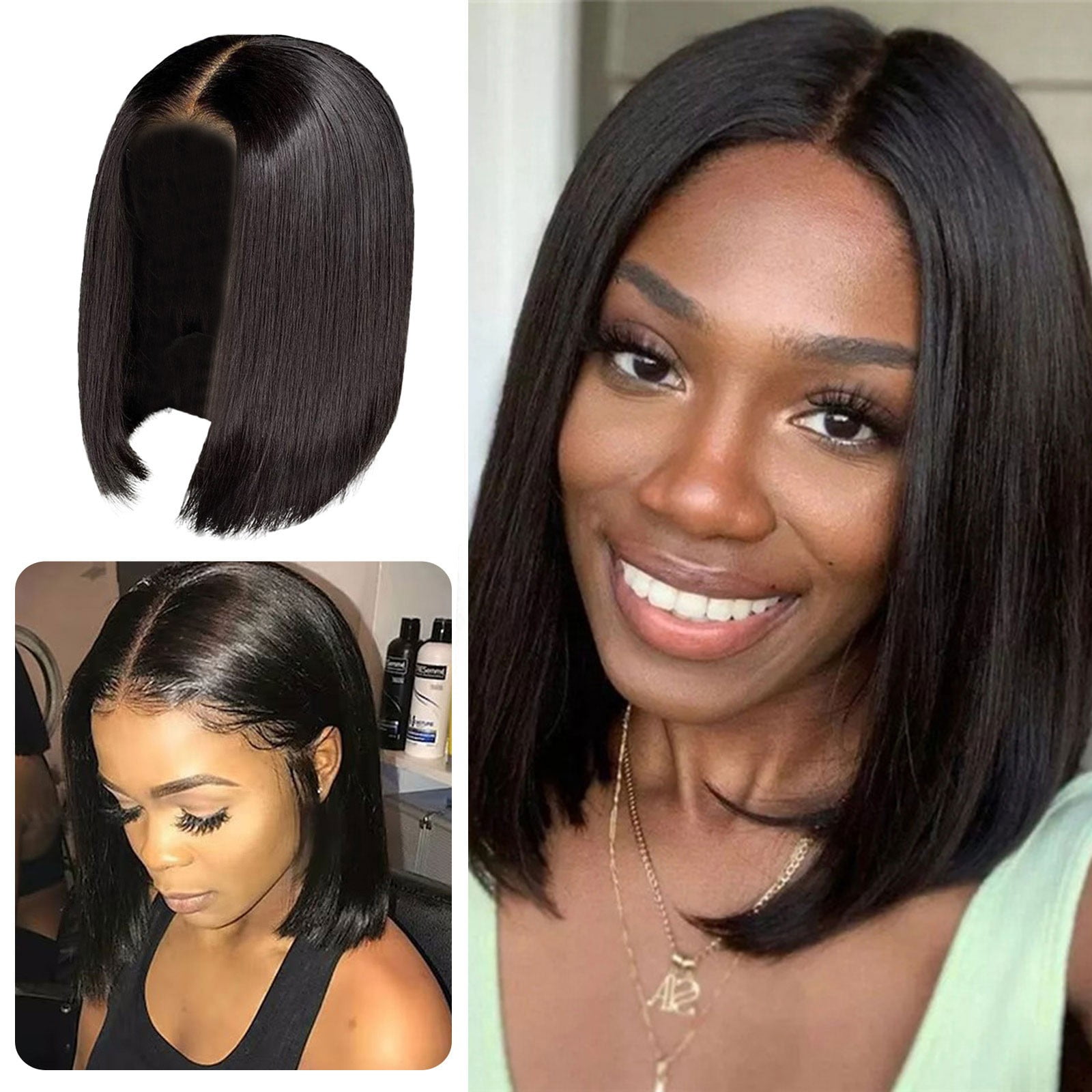 Ombre Blonde Bob Wig for Women, Short Straight Synthetic Wig Natural Looking Lace Front Style Wig for Daily Party(Black-1,One Size)