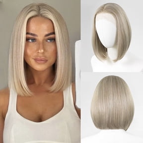 Ombre Blonde Highlight Short Bob Wigs Dark Roots Synthetic 13x4 Lace Front Brown Blonde Wig For Women Daily Use 150 Density 12Inch