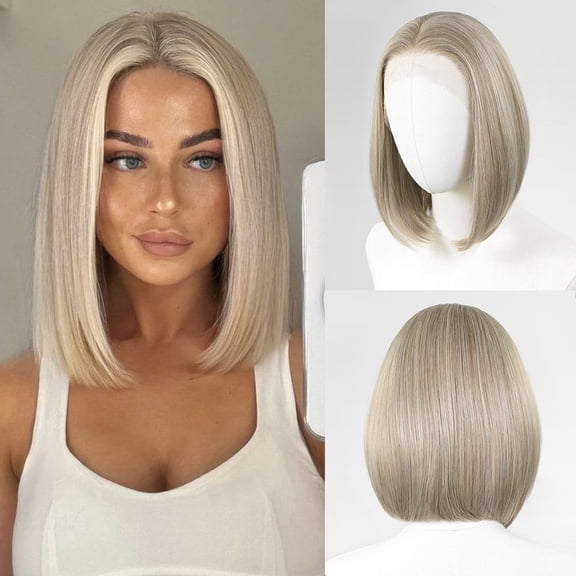 Ombre Blonde Highlight Short Bob Wigs Dark Roots Synthetic 13x4 Lace Front Brown Blonde Wig For Women Daily Use 150 Density 12Inch