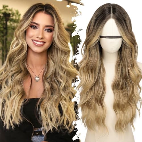 Ombre Blonde Long Wavy Wig for Women, Pre-Cut  Lace  Hairline, Glueless Middle Part, Synthetic Fiber for Daily and Party Use 26Inch