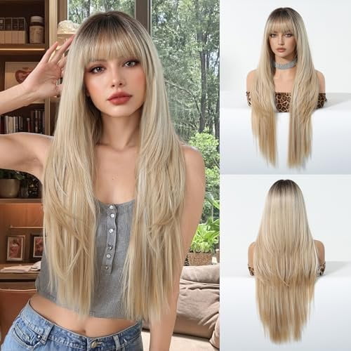 Ombre Blonde Synthetic Wig with Bangs Glueless Long Straight Layered Wigs for Women Dark Roots 28 Inch