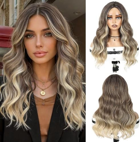 Ombre Blonde Wavy Wig for Women Pre Cut Simulated Lace Curly Wavy Wigs 18 inch Long Wavy Middle Part for Daily Party Use