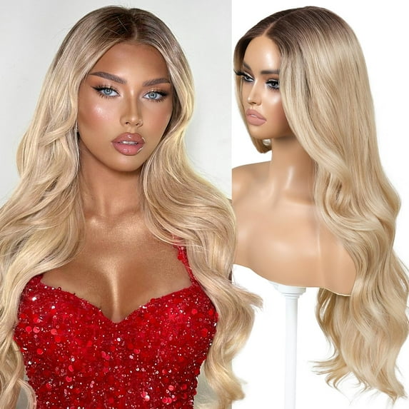 Ombre Blonde Wear and Go Glueless Wig with Bangs Pre Plucked Body Wave Synthetic Lace Front Wigs for Women 13x5x1 Pre Cut Lace Dirty Blonde Wig Middle Part 26 Inch