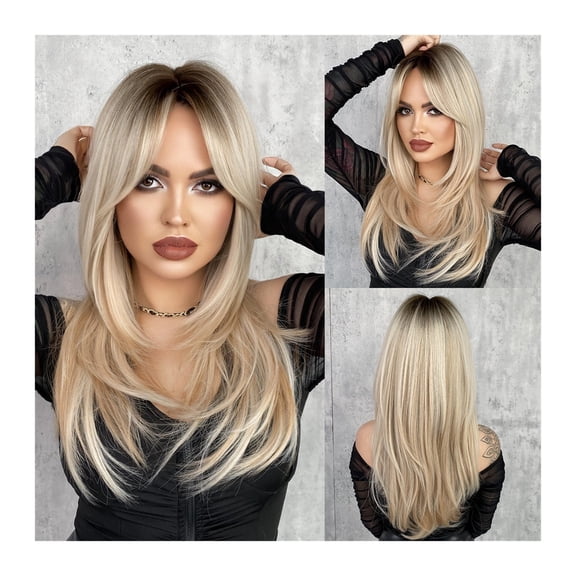 Ombre Blonde Wig for Women Long Straight Wig with Bangs for Day Paty Synthetic Layered Hai Wig Heat Resistant Fiber