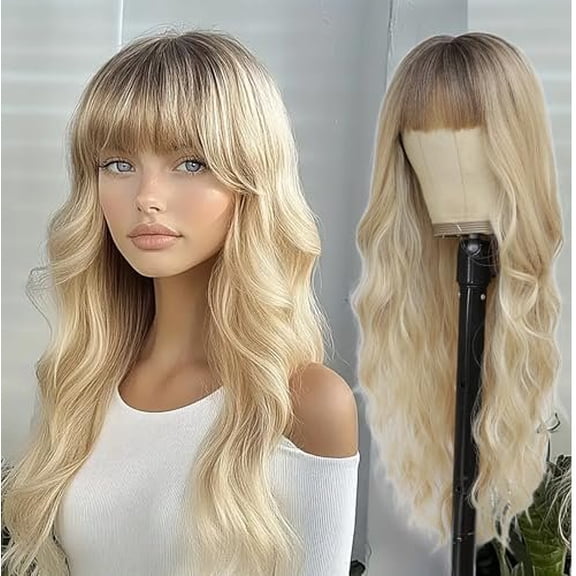Ombre Blonde Wig with Bangs for Women Long Blonde Wave Wig with Dark Roots Synthetic Curly Wigs Looking Hair Fancy Dress 26inches