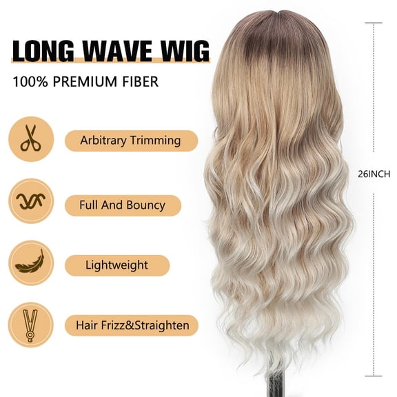 Ombre Blonde Wigs with Bangs Long curly wavy Wig highlight platinum blonde Wig for Women Natural Synthetic Wigs for Daily Party Use 26IN(highlight platinum blonde) R60