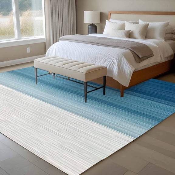Ombre Blue 6x9 Rug for Dining Room Table and Chair Setup, Striped Abstract Gradient Texture Minimalist Low Pile Washable Non Slip Rectangle Area Rug