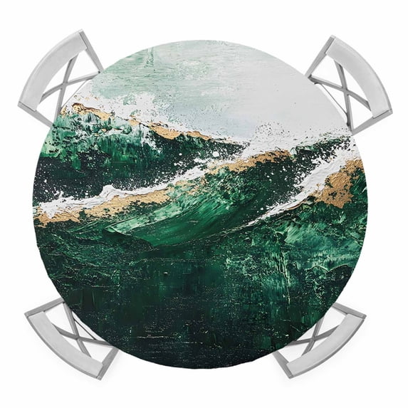 Ombre Blue Abstract Wave Elastic Fitted Round Table Cover Modern Art Waterproof Outdoor Tablecloth for Holiday Party, Picnic, Patio & Dining Fits Tables Up to 55"-60"