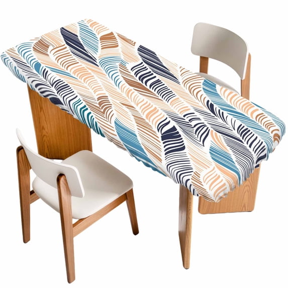 Ombre Blue Brown Table Cloths for 8 Foot Rectangle Tables, Summer Abstract Coastal Ocean Beach Wave Patio Waterproof Elastic Fitted Tablecloths, Washable Rectangular Table Cover for Camping