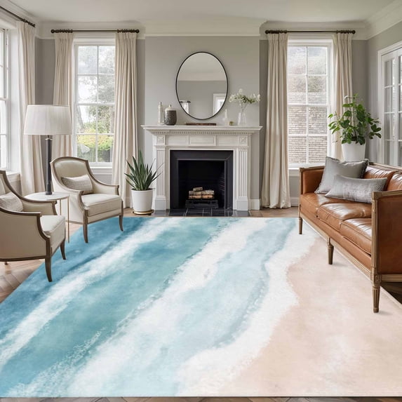 Ombre Blue Coastal Area Rugs 5'x8', Washable Small Throw Rugs for Classroom Bedroom, Summer Ocean Beach Gradient Waves Beige Indoor Outdoor Rug Non-Slip Low Pile Carpet Runner Reversible Floor Mats