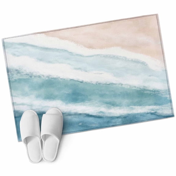 Ombre Blue Coastal Bathroom Rug Washable 2x3 Entryway Rug Non Slip Summer Ocean Beach Gradient Waves Beige Front Door Mat Low Pile Indoor Doormat Throw Floor Carpet for Kitchen Bedroom Entrance