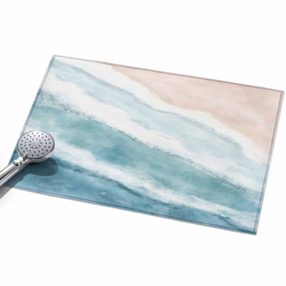 Ombre Blue Coastal Entryway Rug 2x3ft Washable Non Slip Bathroom Rug Indoor Floor Front Door Mat Summer Ocean Beach Gradient Waves Beige Rectangle Area Rugs Carpet for Kitchen Office Dining Room Home
