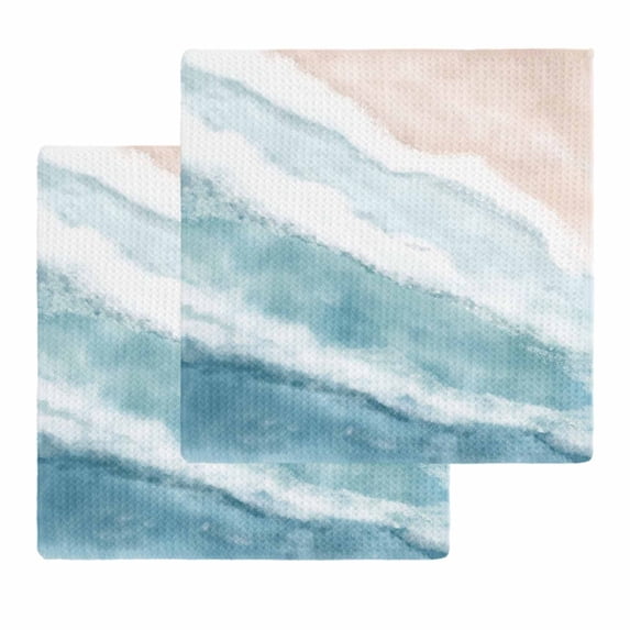 Ombre Blue Coastal Kitchen Dish Towels for Drying Dishes Set of 2, Summer Ocean Beach Gradient Waves Beige Waffle Weave Microfiber Hand Tea Bathroom Towels Quick Dry & Absorbent Towel 12x12