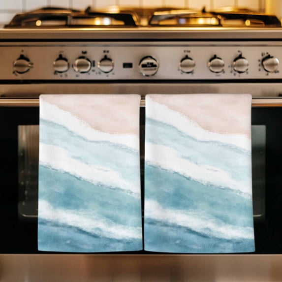 Ombre Blue Coastal Kitchen Towels Set of 4, Summer Ocean Beach Gradient Waves Beige Absorbent Dish Towels for Kitchen, Microfiber Hand Towel, Quick Drying Tea Towel for Cleaning Decorative Dishcloths