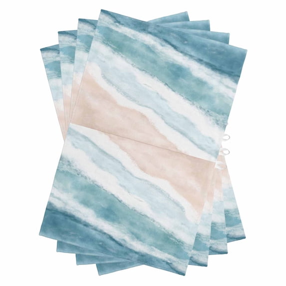 Ombre Blue Coastal Kitchen Towels Set of 4, Water Absorbent Dish Towel, Summer Ocean Beach Gradient Waves Beige Decorative Hand Towels - Quick Drying Cloth for Cooking Baking, 18x28 Inch