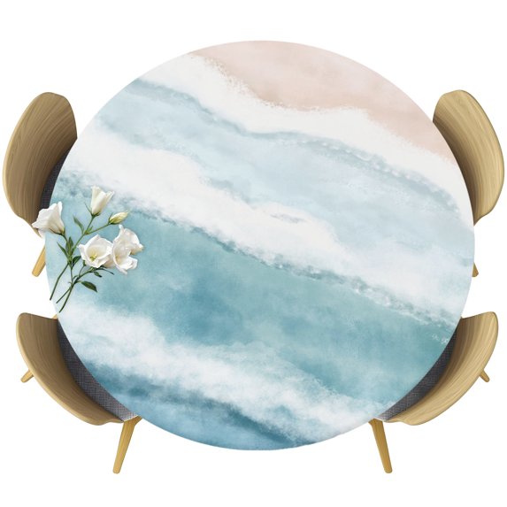 Ombre Blue Coastal Round Tablecloth 36-44 Inch Round Fitted Table Cloth with Elastic Edge, Summer Ocean Beach Gradient Waves Beige Waterproof Table Cover Protector for Outdoor Picnic Party Dining