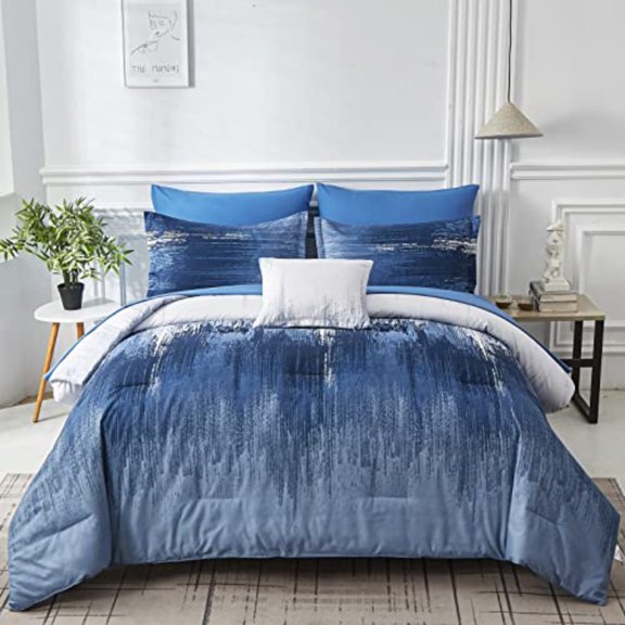Ombre Blue Comforter Set Queen Size Reversible Gradient Blue Grey Boho Bedding Set for Men Women 8 Pieces Bed in A Bag Bohemian Bed Set With Comforter Sheets Pillowcases Shams Cushion Cover
