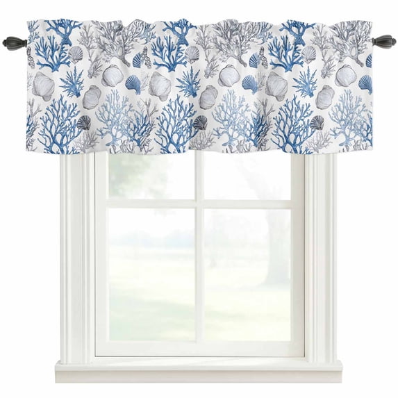 Ombre Blue Coral Shell Window Valance Curtain Watercolor Gray Marine Life Rod Pocket Short Curtain for Living Room, Bedroom & Kitchen Window Decor 60x18in