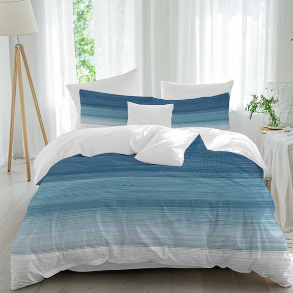 Ombre Blue Duvet Cover Set Queen Size, Striped Abstract Gradient Texture Minimalist 4 Piece Soft Microfiber Bedding Set with 1 Duvet Cover, 1 Flat Sheet, 2 Pillowcases