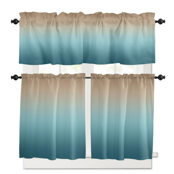 Ombre Blue Green Brown Kitchen Curtains and Valances Set, 3 Piece Kitchen Curtains Set 36 Inch Length, Colorful Painting Rod Pocket Curtains Tier Farmhouse Window Curtains