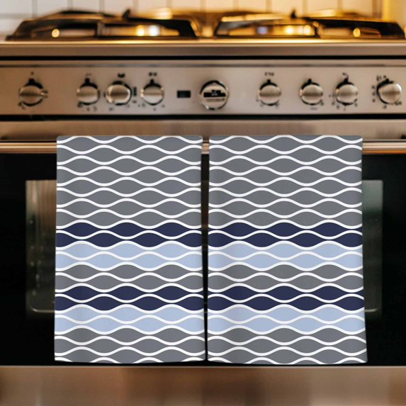 Ombre Blue Grey Kitchen Towels Set of 4, Modern Abstract Waves Morocco Striped Absorbent Dish Towels for Kitchen, Microfiber Hand Towel, Quick Drying Tea Towel for Cleaning Decorative Dishcloths
