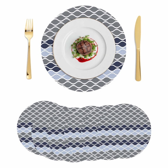 Ombre Blue Grey Round 13 Inch Placemats Set of 6, Modern Abstract Waves Morocco Striped HeatResistant Non Slip Place Mats for Dining Table, Wipeable Braided Kitchen Table Mats for Housewarming