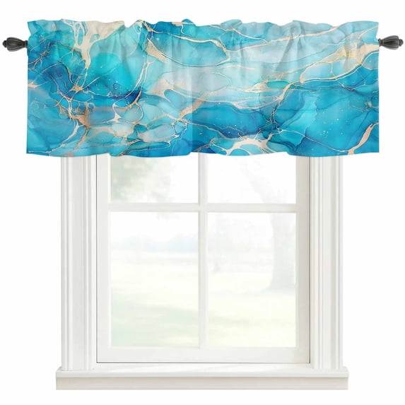 Ombre Blue Marble Texture Window Valance Curtain Watercolor Modern Art Rod Pocket Short Curtain for Living Room, Bedroom & Kitchen Window Decor 60x18in