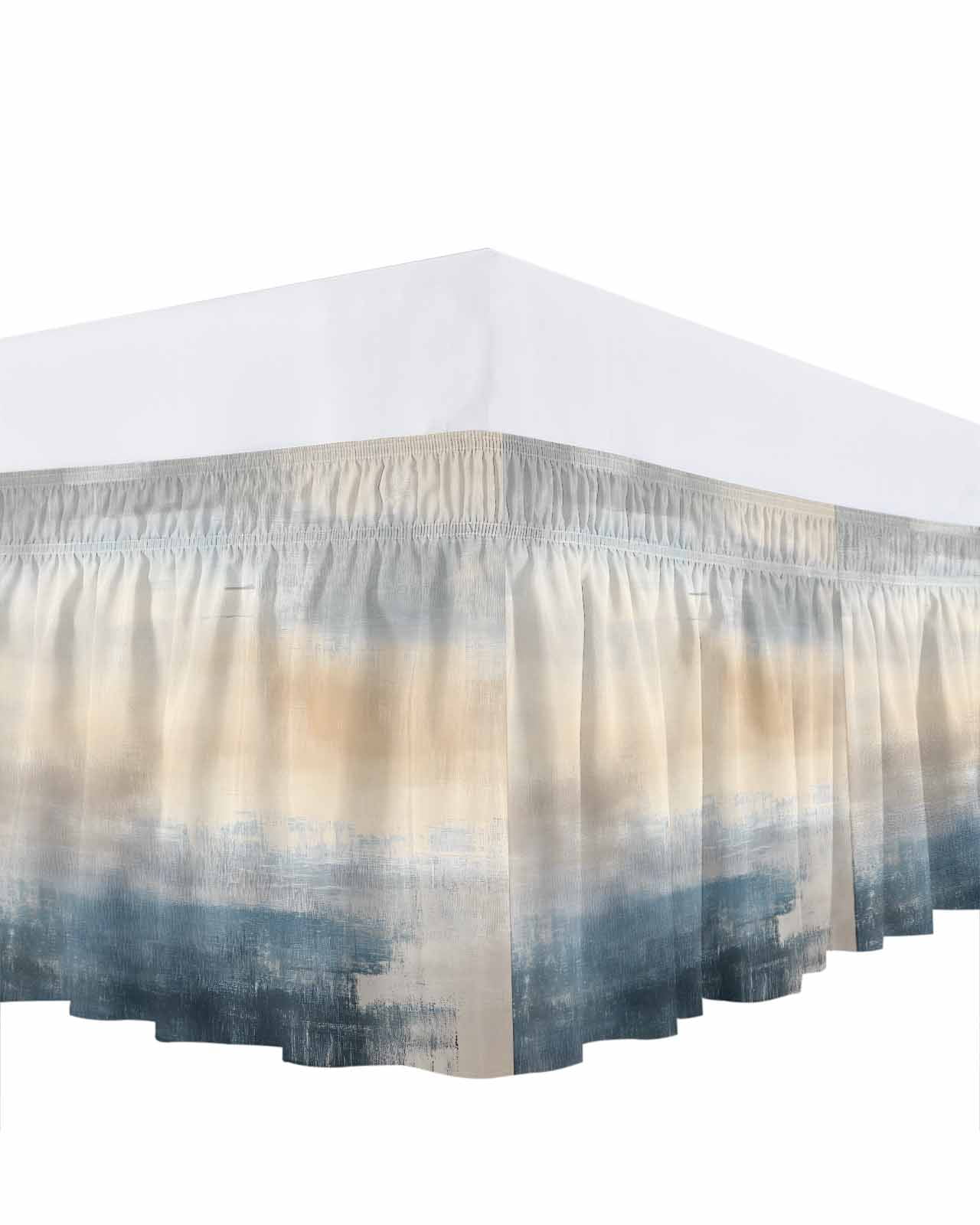 Ombre Blue Navy Beige Bed Skirt King Size 16" Drop Modern Abstract Art Ruffled Wrap Around Bed Skirts Adjustable Elastic Bedskirt Dust Ruffle for King Size Bed
