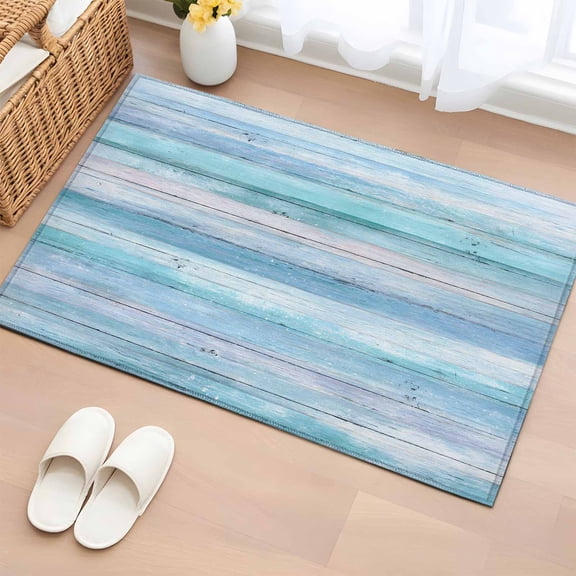 Ombre Blue Ocean Entryway Rug 2'x3' Non Slip Front Door Mats, Summer Country Wood Plank Retro Entrance Rugs Indoor Outdoor Carpet, Washable Floor Mats Small Area Rug for Bedroom Kitchen