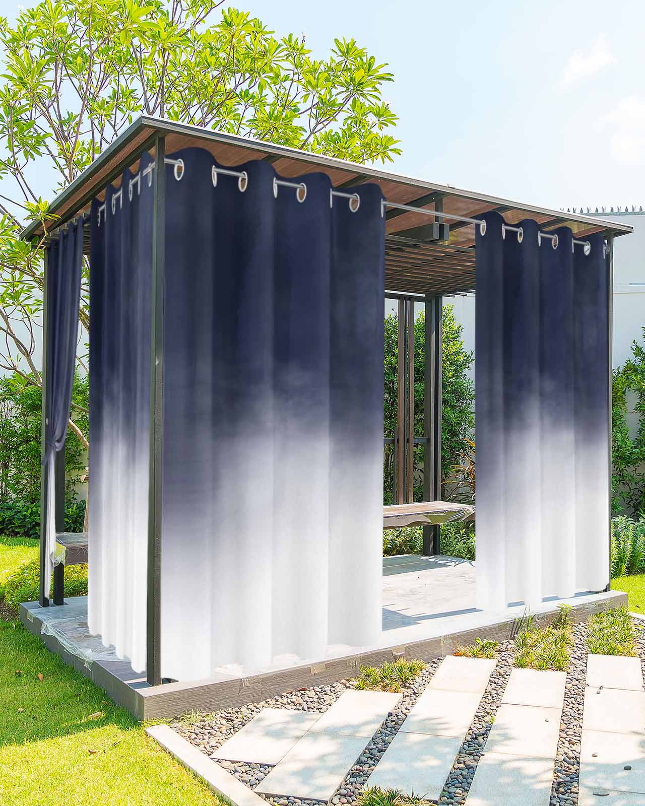Ombre Blue Outdoor Curtains for Patio, Abstract Modern Geometric Gradient Privacy Drapes Grommet Waterproof Outside Curtains for Porch/Cabana/Balcony 54"x 108", 2 Panel