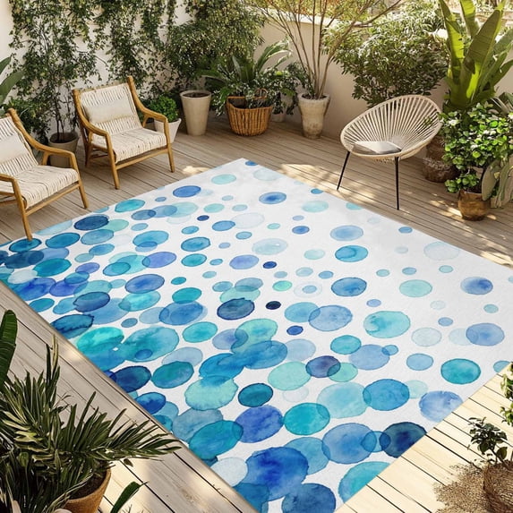 Ombre Blue Polka Dot Outdoor Rug for Patio/Deck/Porch, Non-Slip Large Area Rug 5 x 8 Ft, Abstract Watercolor Geometric Gradient Indoor Outdoor Rugs Washable Area Rugs, Camping Rug Carpet Runner