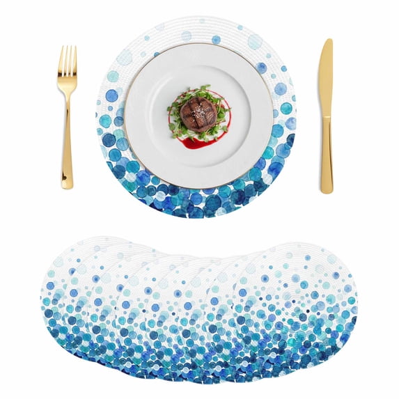 Ombre Blue Polka Dot Round 13 Inch Placemats Set of 8, Abstract Watercolor Geometric Gradient HeatResistant Non Slip Place Mats for Dining Table, Wipeable Braided Kitchen Table Mats for Housewarming