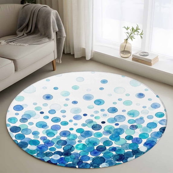 Ombre Blue Polka Dot Round Area Rug 4Ft Washable Circle Rugs for Bedroom Dining Room, Abstract Watercolor Geometric Gradient Non-Slip Carpet Floor Mats Indoor Outdoor Carpet Runner Home Decor