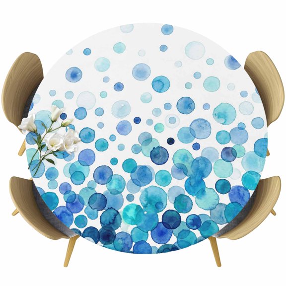 Ombre Blue Polka Dot Round Tablecloth 36-44 Inch Round Fitted Table Cloth with Elastic Edge, Abstract Watercolor Geometric Gradient Waterproof Table Cover Protector for Outdoor Picnic Party Dining