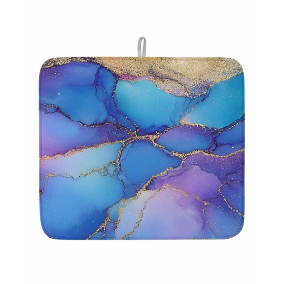Ombre Blue Purple Marble Texture Dish Drying Mats for Kitchen Counter,Absorbent Microfiber Dish Drainer Rack Mat Abstract Golden Veins Drying Pad for Sinks,Utensils,Countertops,16x18in
