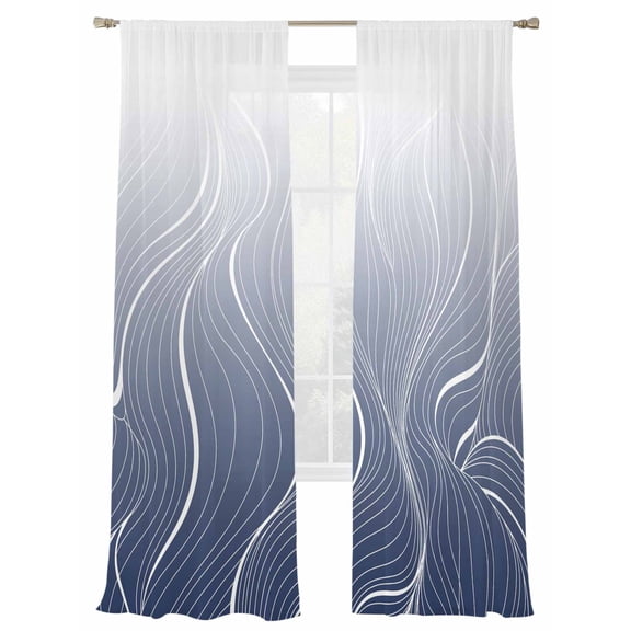 Ombre Blue Stripes Sheer Curtains for Living Room Bedroom, Light-filtering Sheer Curtain, Striped Lines Waves Gradient Rod Pocket Voile Window Treatment Drapes, 52’’Wx108’’L, 2 Panels Set