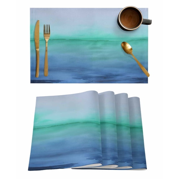 Ombre Blue Teal Green Placemats Set of 6 Watercolor Gradient Color Scenery Heat Insulation Washable Place Mats, Rustic Non-Slip Table Mats for Dining Table Party Kitchen Decor,13x19 Inch