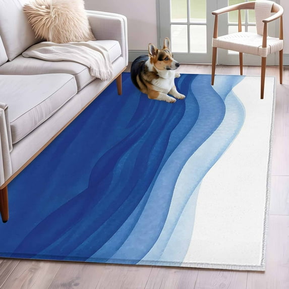 Ombre Blue Waves Area Rugs 4'x6', Washable Small Throw Rugs for Office Bathroom, Abstract Art Gradient Modern Indoor Outdoor Rug Non-Slip Low Pile Carpet Runner Reversible Floor Mats