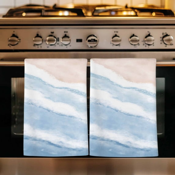Ombre Blue Waves Kitchen Towels Set of 4, Gradient Coastal Beach Sandy Ocean Absorbent Dish Towels for Kitchen, Microfiber Hand Towel, Quick Drying Tea Towel for Cleaning Decorative Dishcloths