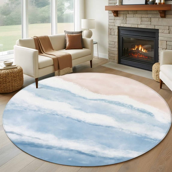 Ombre Blue Waves Round Area Rug 5Ft Washable Circle Rugs for Living Room Bedroom, Gradient Coastal Beach Sandy Ocean Non-Slip Carpet Floor Mats Indoor Outdoor Carpet Runner Aesthetic Home Decor