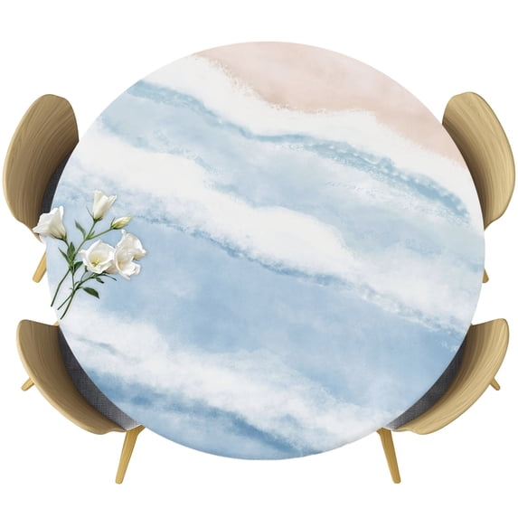 Ombre Blue Waves Round Tablecloth 36-44 Inch Round Fitted Table Cloth with Elastic Edge, Gradient Coastal Beach Sandy Ocean Waterproof Table Cover Protector for Outdoor Picnic Party Dining