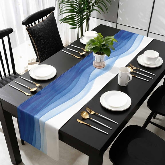 Ombre Blue Waves Table Runner 36 Inches Small - Abstract Art Gradient Modern Kitchen Dining Burlap Linen Tablerunner for Small/Round/Square/Wedding/Coffee/Dining Table Party Home Décor 13 x 36