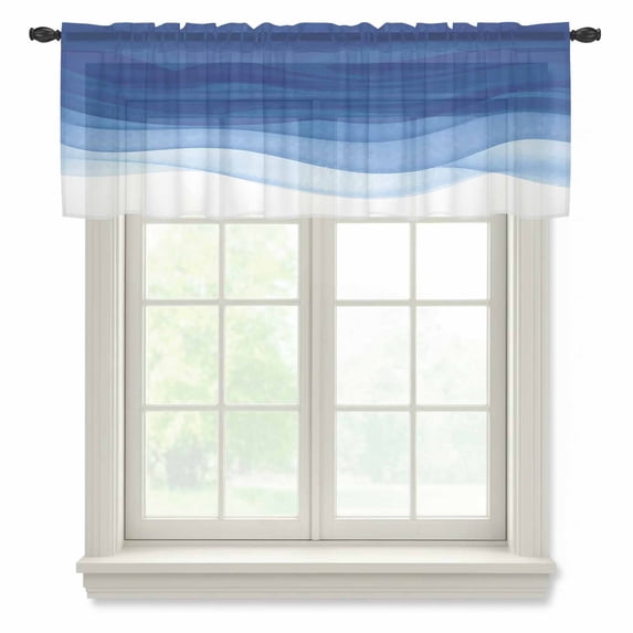 Ombre Blue Waves Valance Curtains for Kitchen/Living Room/Bathroom/Bedroom Window, Rod Pocket Small Topper Half Short Window Curtains Voile Sheer Scarf, Abstract Art Gradient Modern 60"x18"