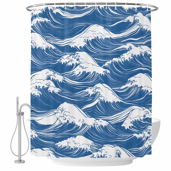 Ombre Blue White Wave Fabric Shower Curtain Cartoon Ocean Washable Shower Curtains for Bathroom, Waterproof Bath Curtain with Hooks Home Decor 72x84in
