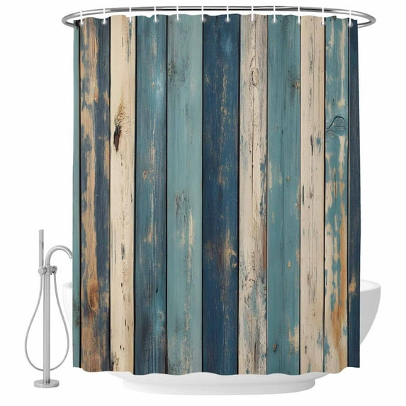 Ombre Blue White Wood Grain Fabric Shower Curtain Vintage Farmhouse Washable Shower Curtains for Bathroom, Waterproof Bath Curtain with Hooks Home Decor 36x72in