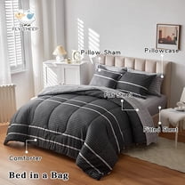 Ombre Boho Striped Bed in a Bag 7 Pieces Queen Size, White Striped on Black Dark Gray Comforter Sheet Set